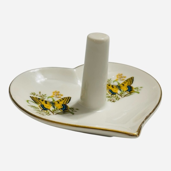 VTG Heart Shaped Butterfly Ring Holder, Porcelain, Japan, Trinket Dish 4" x 3.5" - Picture 8 of 10